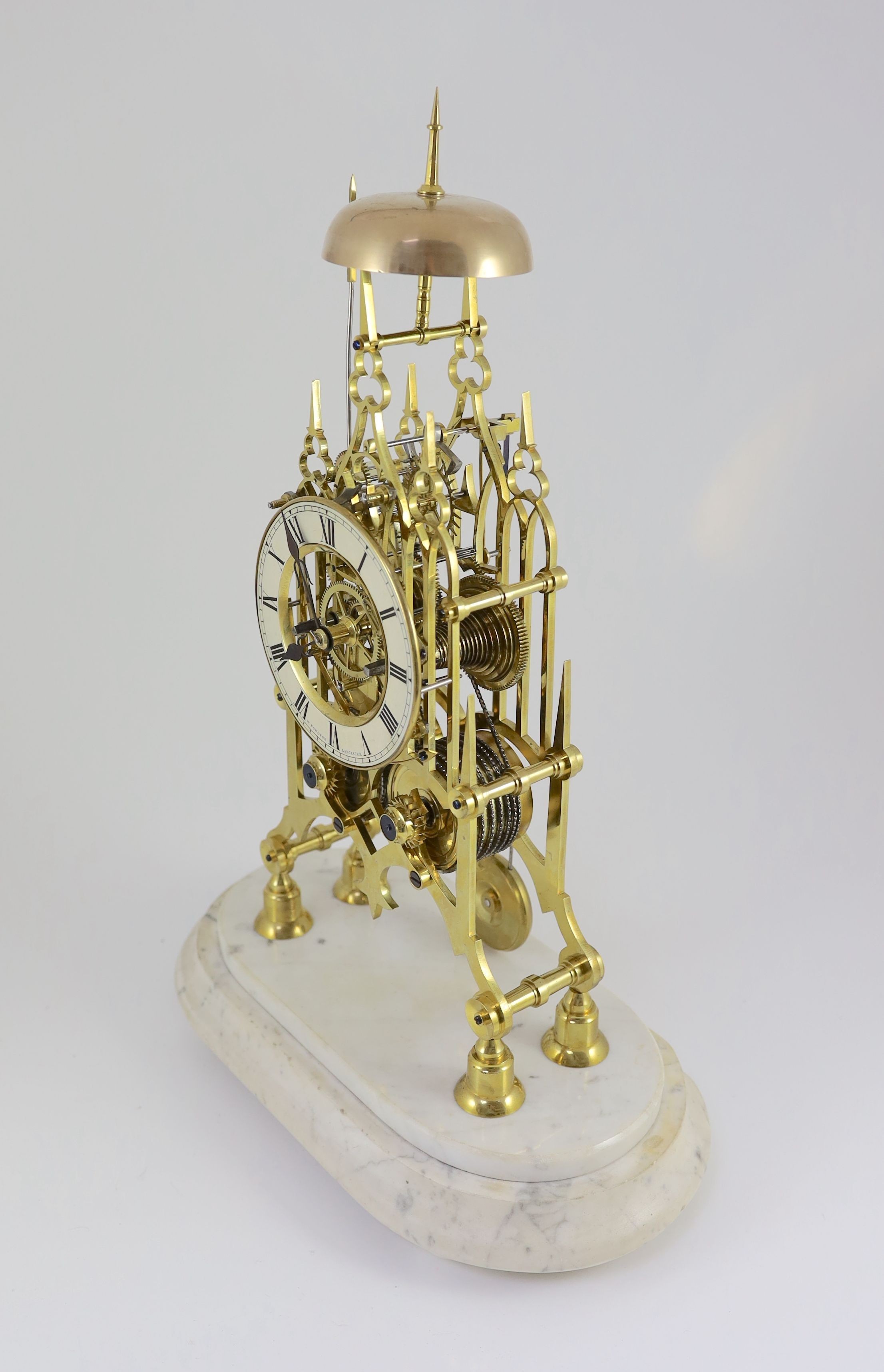 W. Poulton of Lancaster. A mid 19th century brass 'Cathedral' skeleton clock, width 35cm depth 18cm height overall 53cm